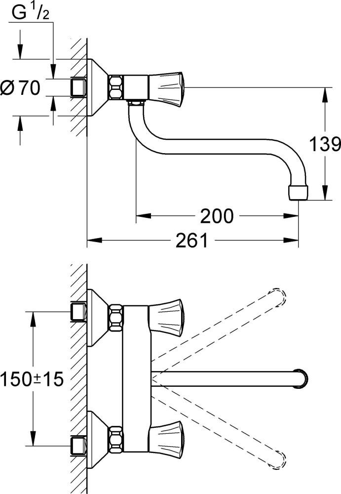 GROHE 2-Gr-Spültisch-Wand-Armatur Costa chr, schwenkb. Auslauf 